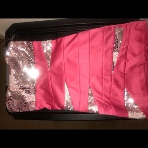 Coral & silver colored strapless dress